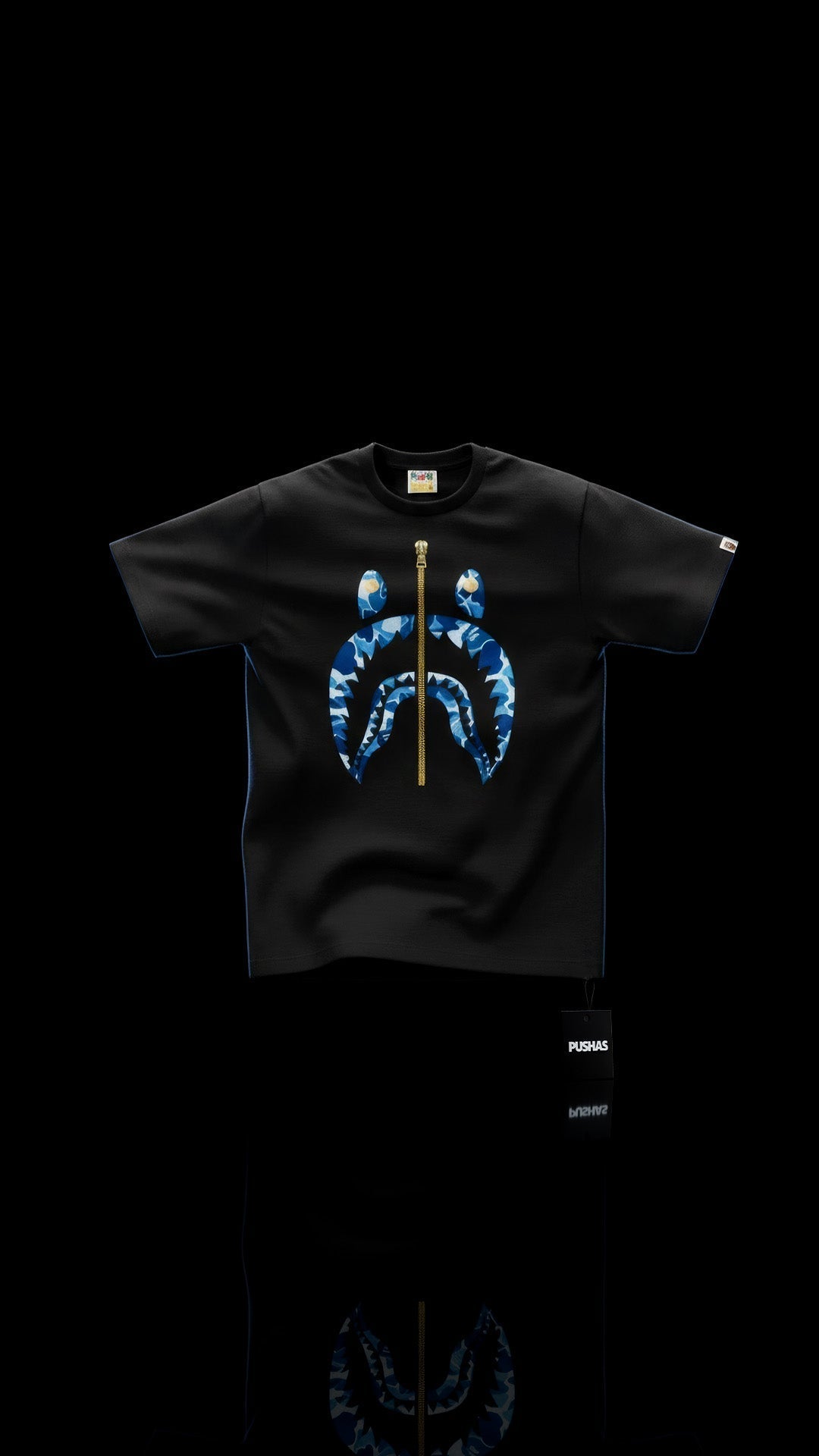 BAPE ABC Camo Shark Tee with blue shark face print
