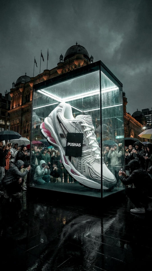 ASICS Gel-Kayano 14 'Cream Sweet Pink' in a glass display case