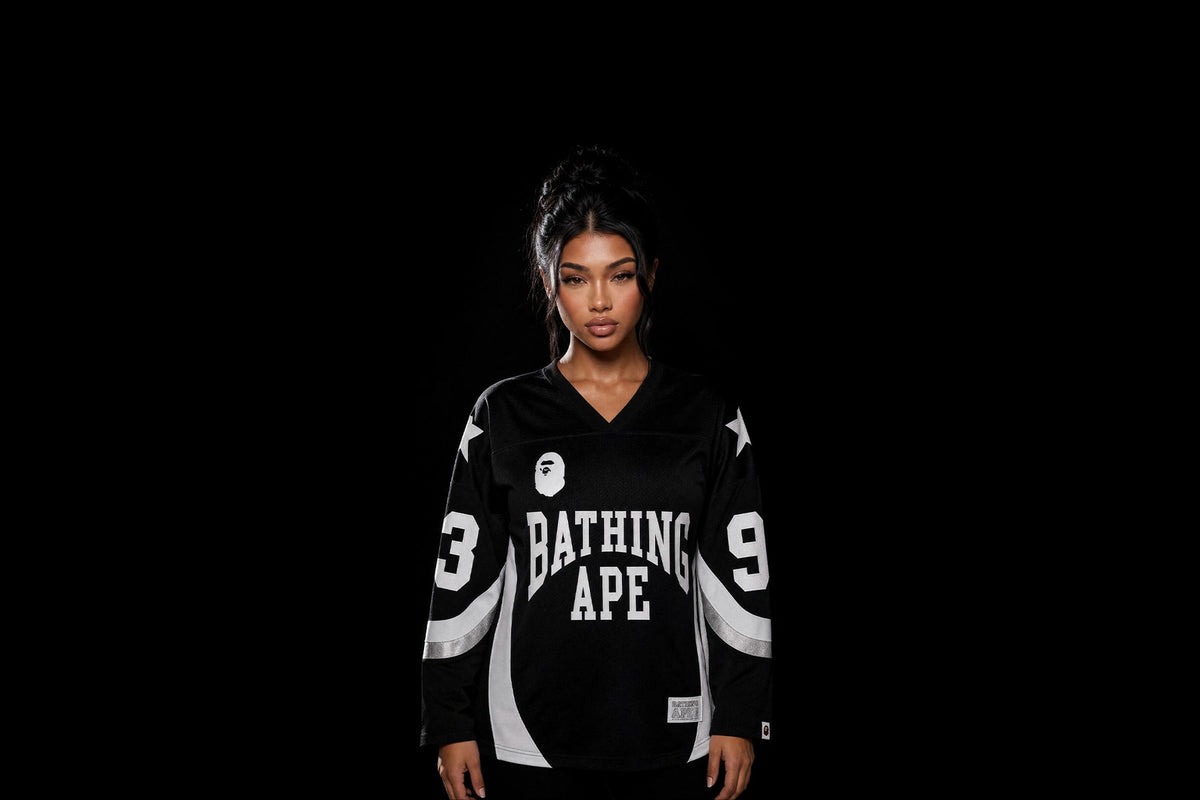 BAPE Line Camo Jacquard Logo Relaxed Fit Ice Hockey Jersey 'Black' photographed by PUSHAS
